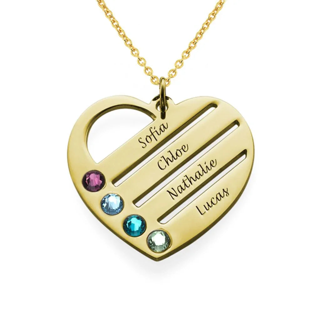 Personalized Heart Engraved Names and Birthstones Necklace