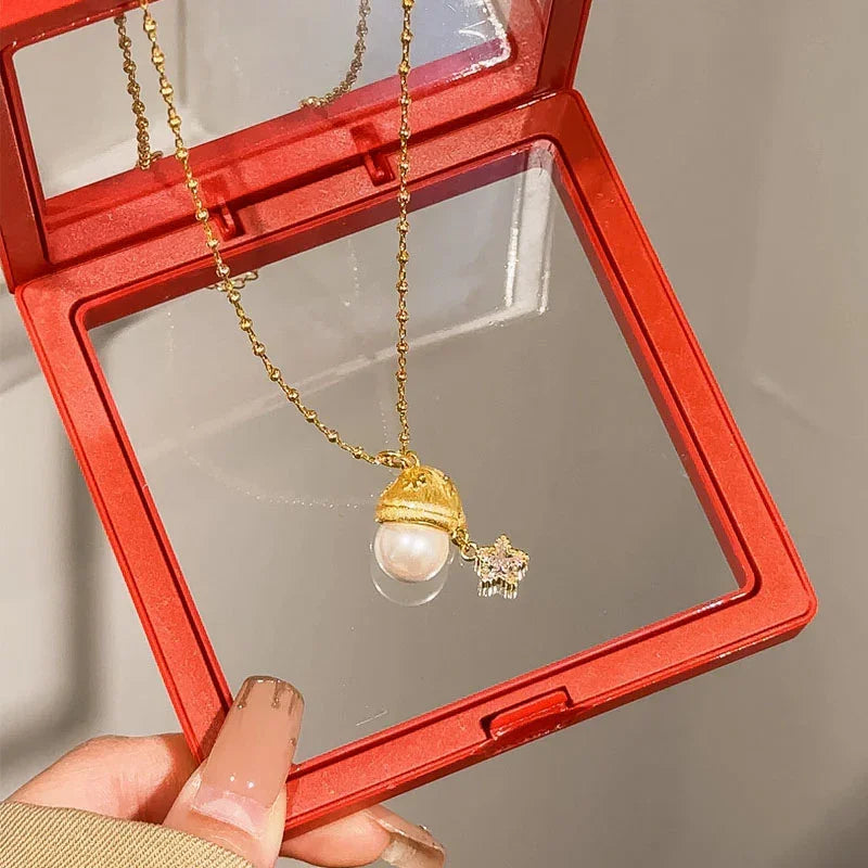 Radiant Glow Christmas Hat Pearl Necklace
