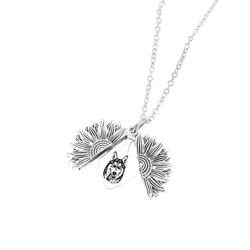 Custom Engraved Sunflower Pet Portrait Necklace | Personalized Pet Memorial Jewelry