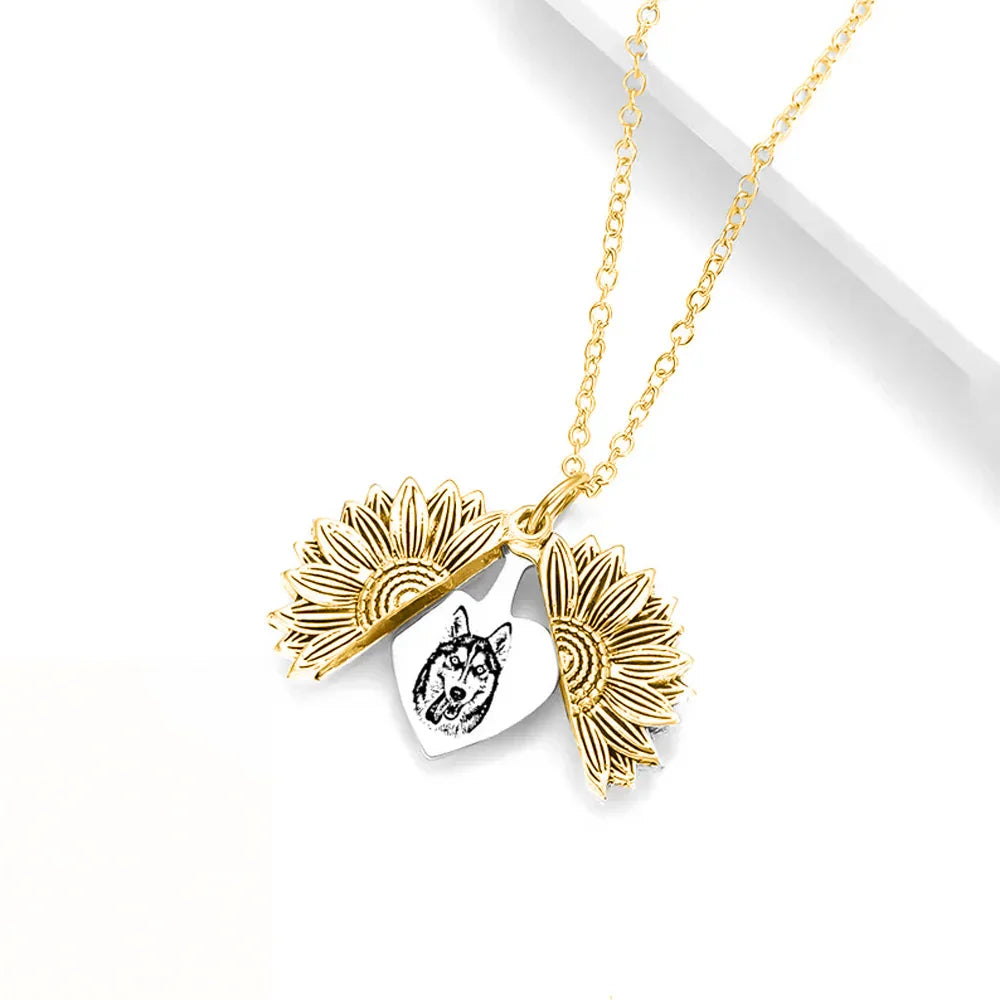 Custom Engraved Sunflower Pet Portrait Necklace | Personalized Pet Memorial Jewelry