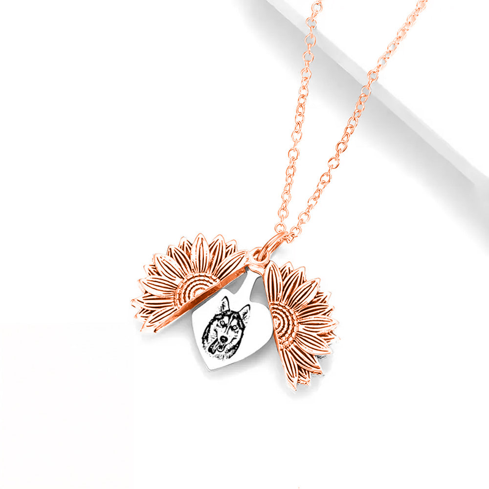 Custom Engraved Sunflower Pet Portrait Necklace | Personalized Pet Memorial Jewelry
