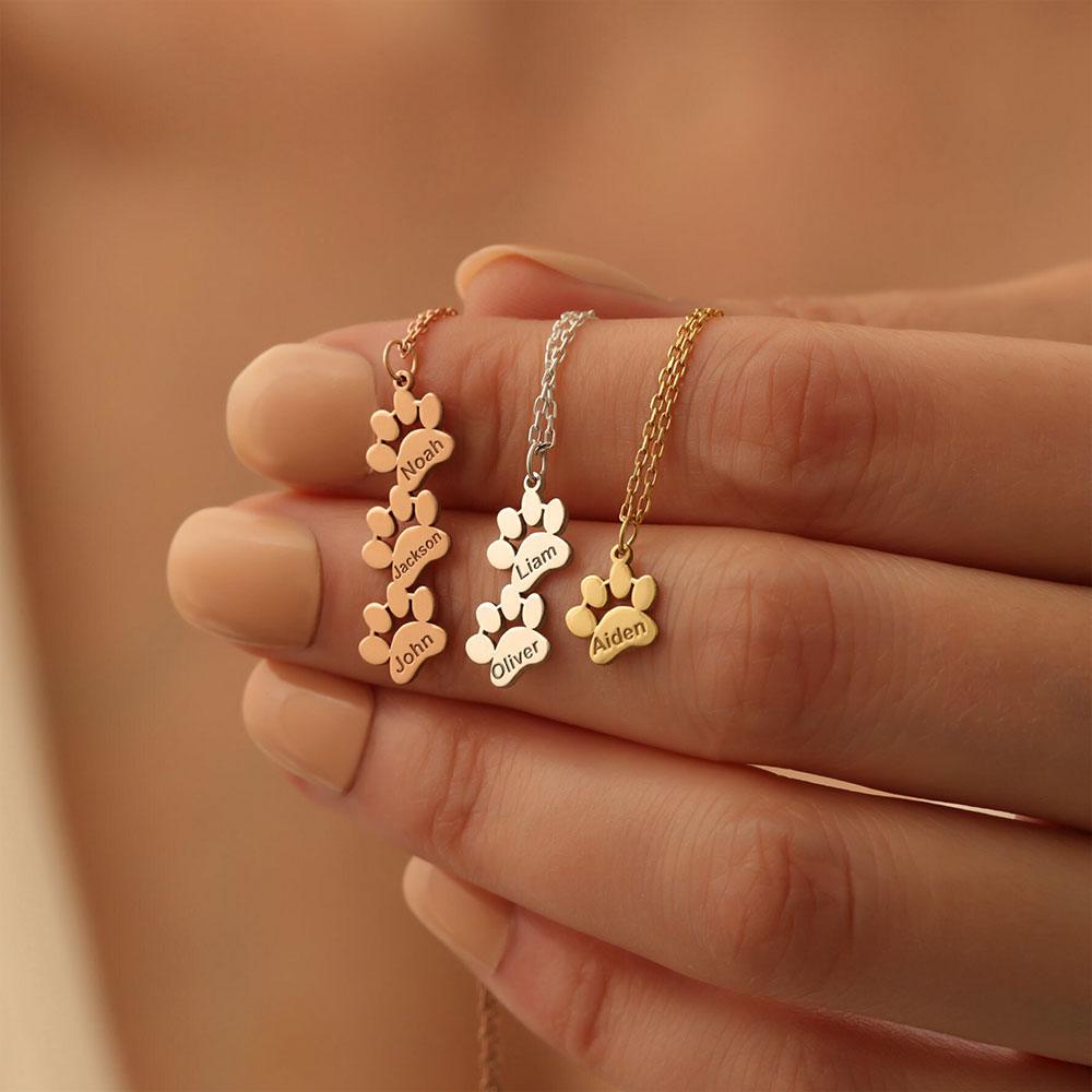 Custom Multi-Paw Print Necklace | Engraved Pet Name Pendant