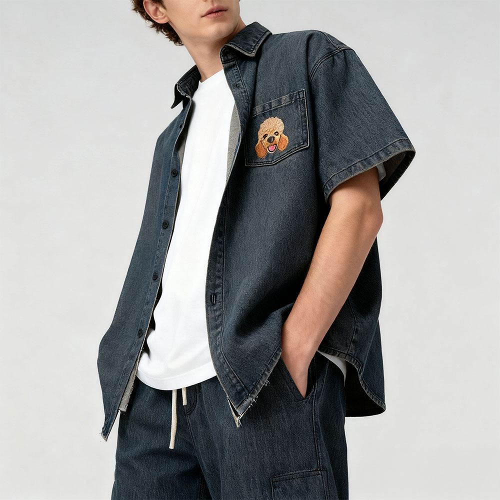 Custom Pet Embroidered Short Sleeved Denim Shirt