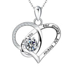 Silver heart-shaped pendant with 'I love you' and 'for always and forever' engraving on a white background