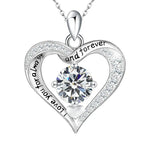 Heart-shaped silver birthstone necklace engraved with “Love you for always and forever,” featuring a central sparkling stone symbolizing eternal love.