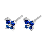 Silver earrings with blue gemstones on a white background