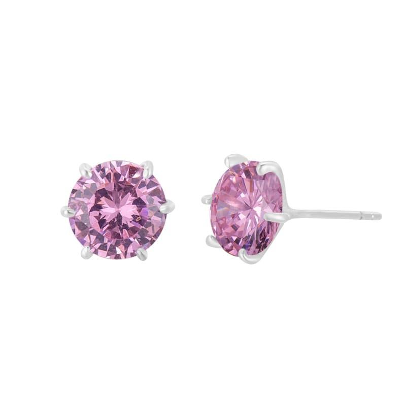 Pair of pink gemstone stud earrings on a white background