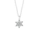 Silver necklace with a delicate snowflake pendant adorned with sparkling zircon stones on a white background.