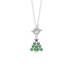 A delicate silver necklace featuring a Christmas tree pendant adorned with green zircon stones and a small pink star accent, symbolizing festive holiday charm.