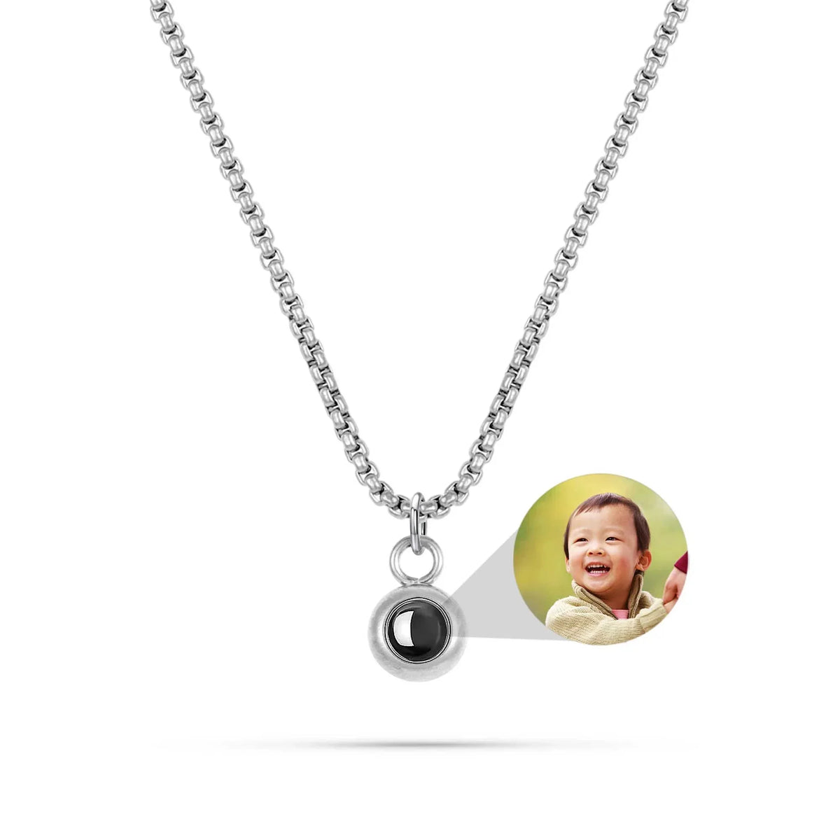 Necklace with a pendant featuring a photo of a child on a white background