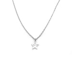 A minimalist silver necklace featuring a small engraved star pendant with the name ‘Mia’ inscribed on it, displayed on a white background.