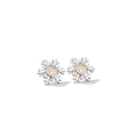 A pair of elegant silver snowflake stud earrings with round, shimmering glaze stone centers, displayed on a clean white background.