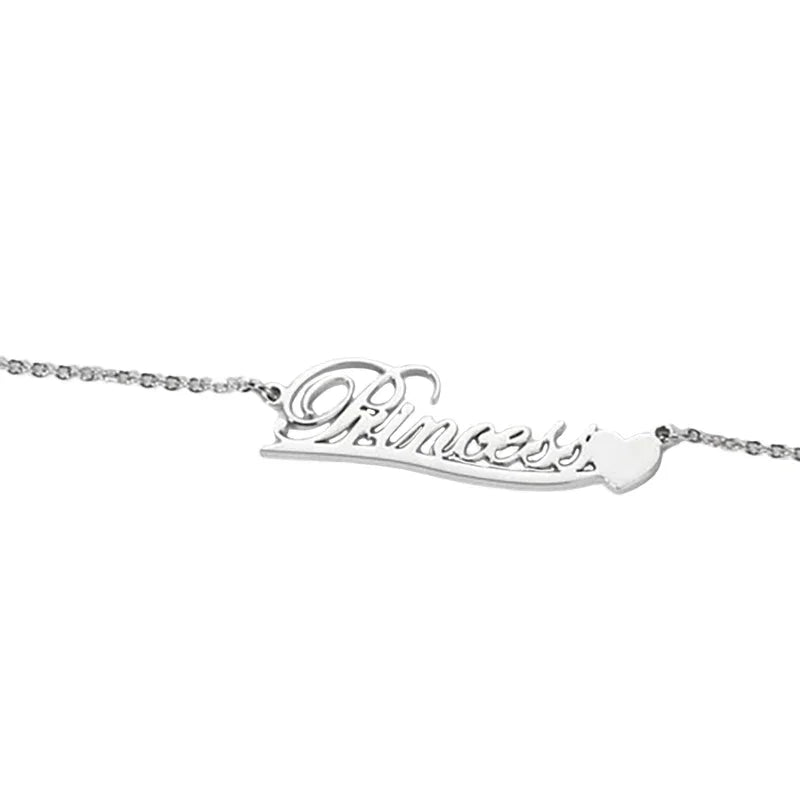 A silver personalized necklace featuring the word “Princess” in elegant cursive script with a small heart accent at the end.