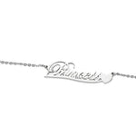 A silver personalized necklace featuring the word “Princess” in elegant cursive script with a small heart accent at the end.
