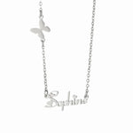 A silver personalized name necklace featuring the name “Sophine” in elegant script with small heart accents on the letters, complemented by a delicate butterfly charm on the chain.