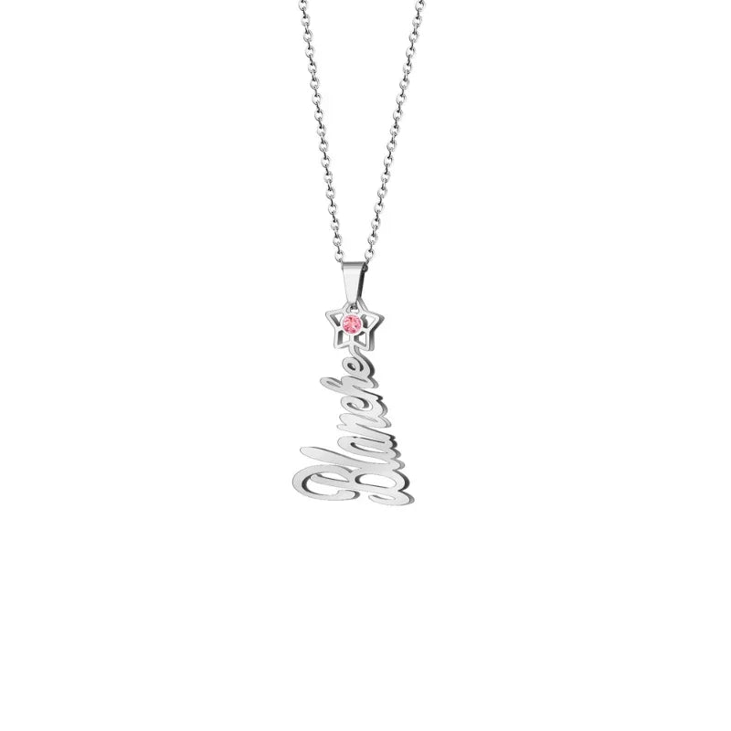 A personalized necklace featuring the name “Blanche” in elegant script, topped with a star-shaped charm accented by a pink birthstone on a silver chain.