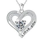 Heart-shaped silver pendant with 'I LOVE YOU' engraving on a white background