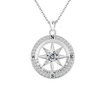Silver compass-shaped pendant featuring a central round gemstone, engraved with the text “I’d be lost without you” around the outer ring, displayed on a white background.