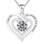 Heart-shaped silver pendant with 'I love you' and 'for always and forever' inscriptions on a white background.