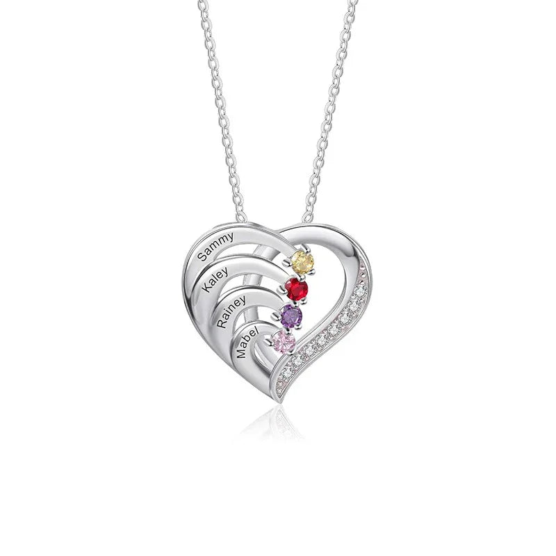Silver heart necklace with layered curves, colorful birthstones, and engraved names.