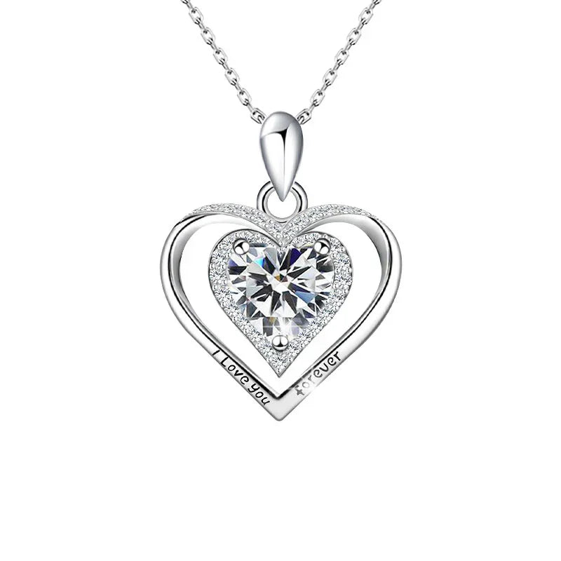 Eternal Promise Birthstone Necklace featuring double-heart design, “I love you forever” engraving, and a sparkling heart-shaped birthstone in sterling silver.