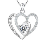 Silver double-heart pendant featuring a central round gemstone and engraved text that reads “Always my sister forever my friend,” displayed on a white background.