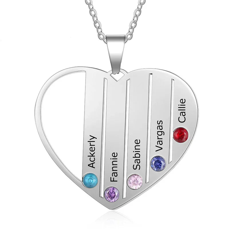 Silver heart-shaped necklace engraved with five names and adorned with five colorful birthstones, symbolizing family love and connection.