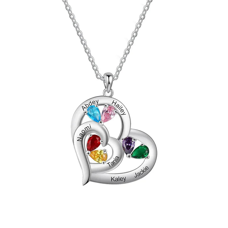 Silver heart necklace with multiple colorful birthstones and engraved names around the design.
