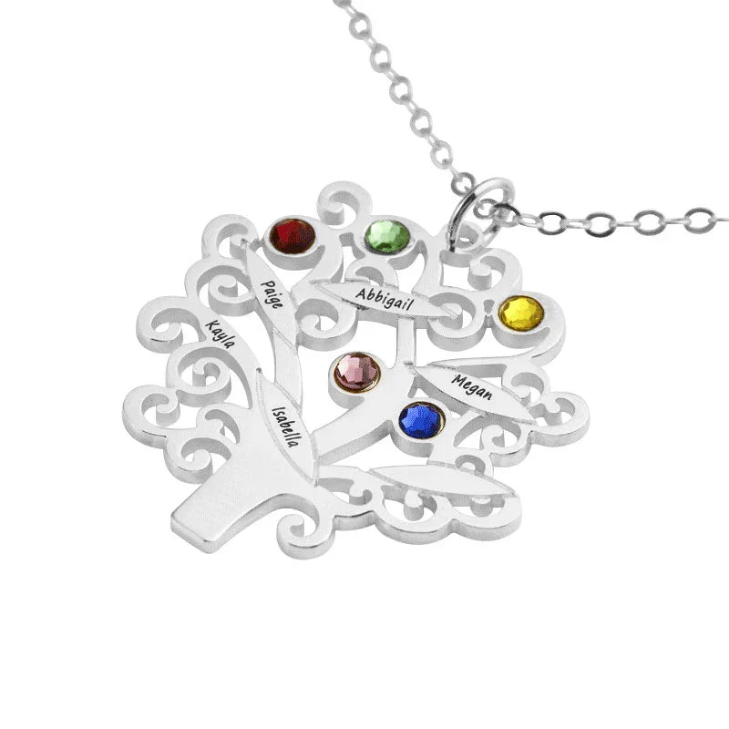 Silver family tree necklace with colorful birthstones and engraved names on the branches.