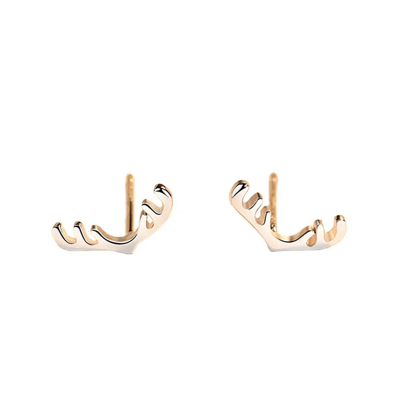 A pair of delicate gold stud earrings shaped like reindeer antlers, designed with smooth curves for a festive and elegant holiday look.