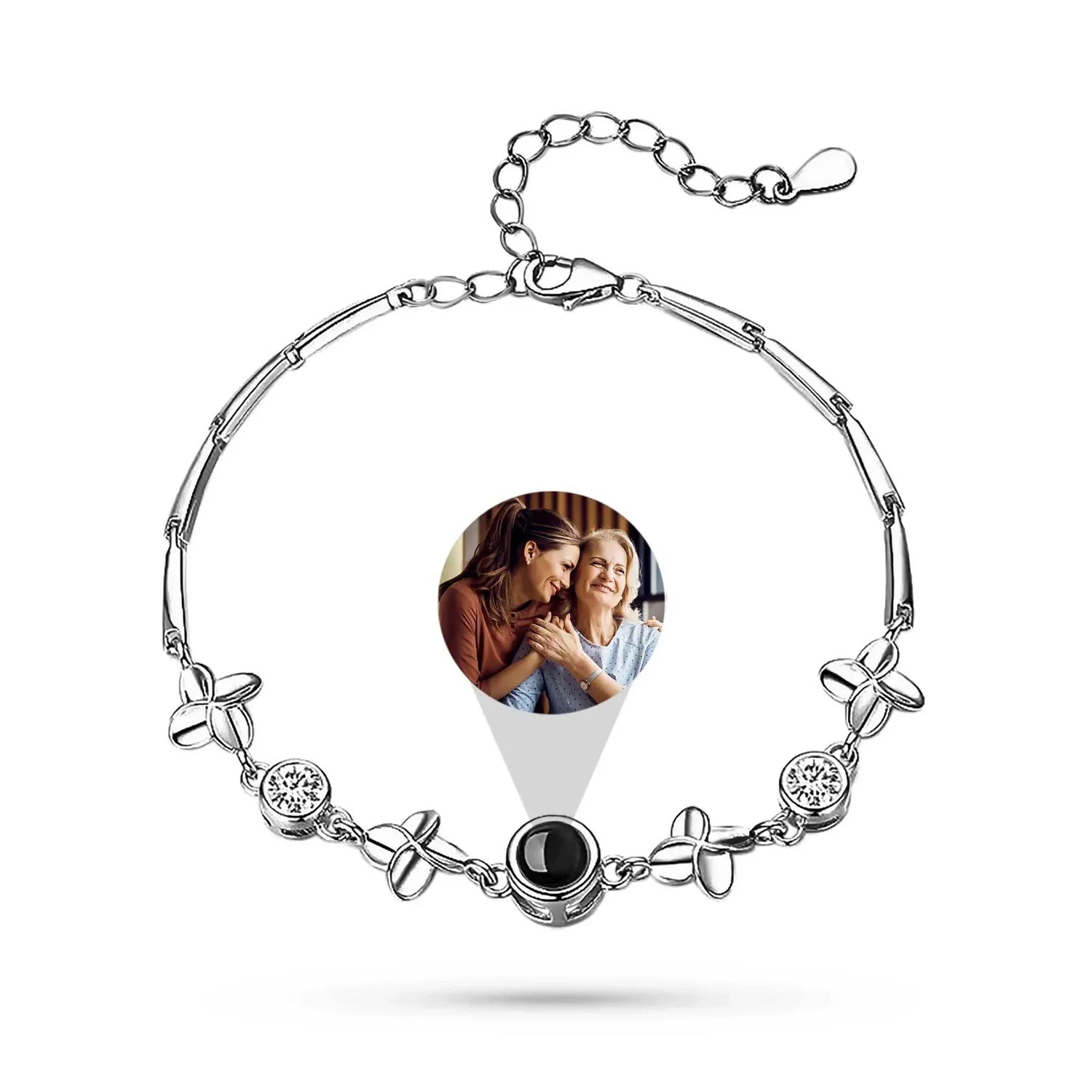 Silver bracelet with a photo charm featuring a mother and child on a white background