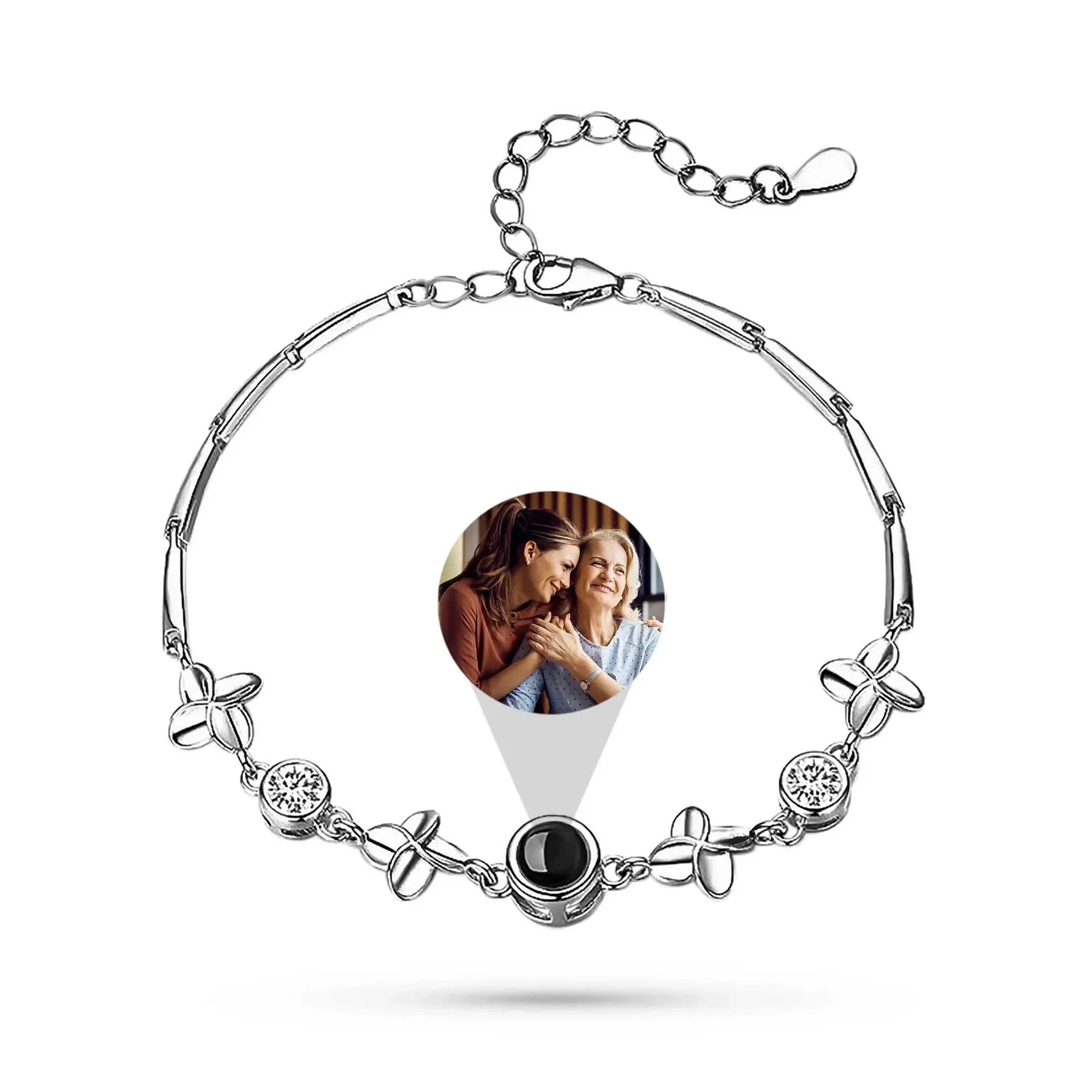 Silver bracelet with a photo charm featuring a mother and child on a white background