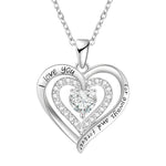 Silver double-heart pendant featuring a central heart-shaped gemstone and engraved text reading “I love you for always and forever,” displayed on a white background.