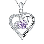Silver heart-shaped pendant with 'I love you forever' engraving and purple gemstone on a white background