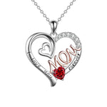 Forever Love Mom Birthstone Necklace with heart-shaped pendant engraved “I love you forever” and “Mom,” featuring a red birthstone symbolizing eternal love and gratitude.