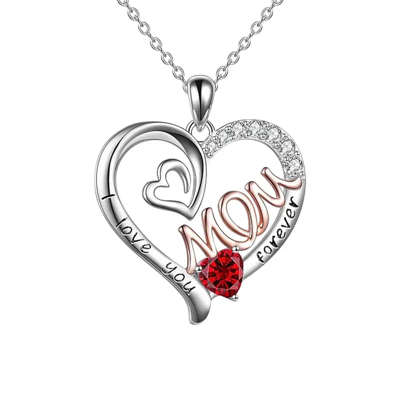 Forever Love Mom Birthstone Necklace with heart-shaped pendant engraved “I love you forever” and “Mom,” featuring a red birthstone symbolizing eternal love and gratitude.