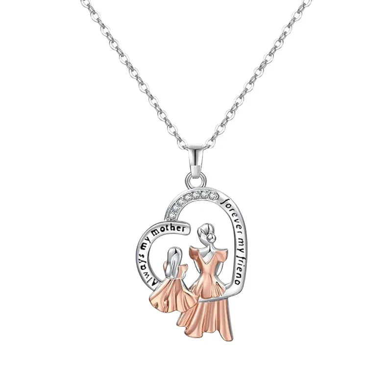 Necklace with a pendant featuring two women in dresses and engraved text on a white background