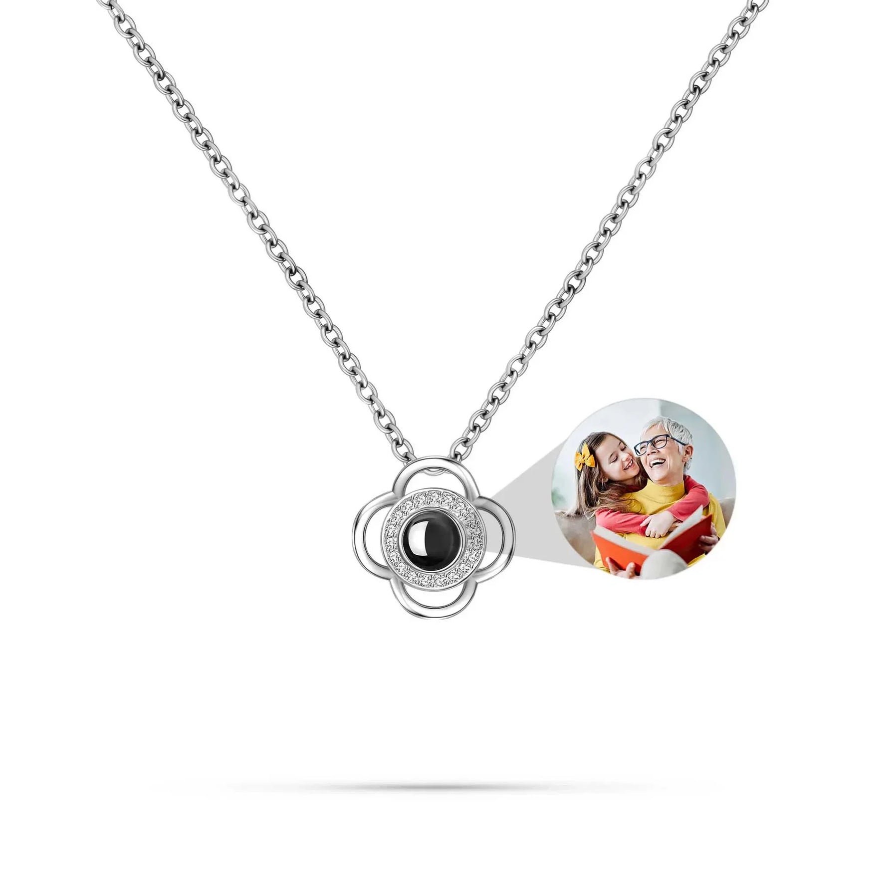 Necklace with a photo charm on a white background