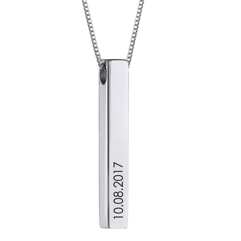 Silver necklace with a vertical bar pendant engraved with custom content.