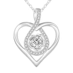 Silver double-heart pendant featuring a central flower-shaped gemstone surrounded by sparkling crystals, displayed on a white background.