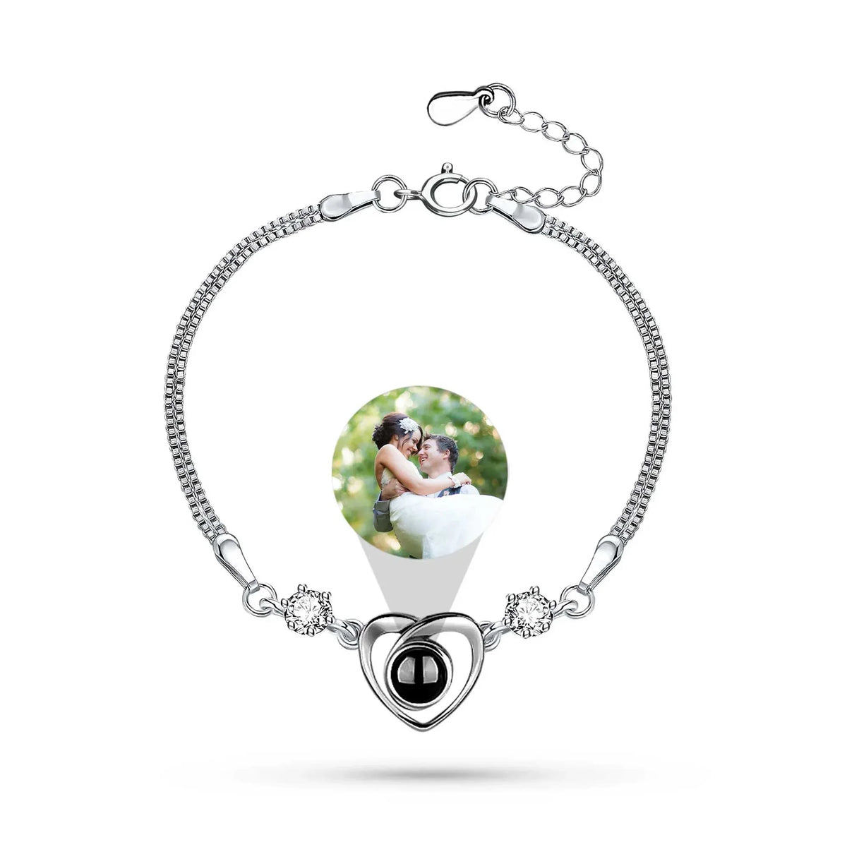 Bracelet with a heart-shaped photo frame featuring a couple, on a white background