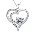 A silver open-heart necklace engraved with “I love you,” featuring a heart-shaped birthstone that symbolizes a heartfelt promise of eternal love.