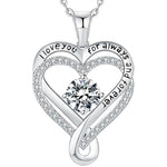 Silver double-heart pendant featuring a central round gemstone and engraved text that reads “I love you for always and forever,” displayed on a white background.