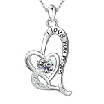 Silver Infinite Love Mom Birthstone Necklace with double-heart design, engraved “I love you mom” and featuring a sparkling birthstone pendant.