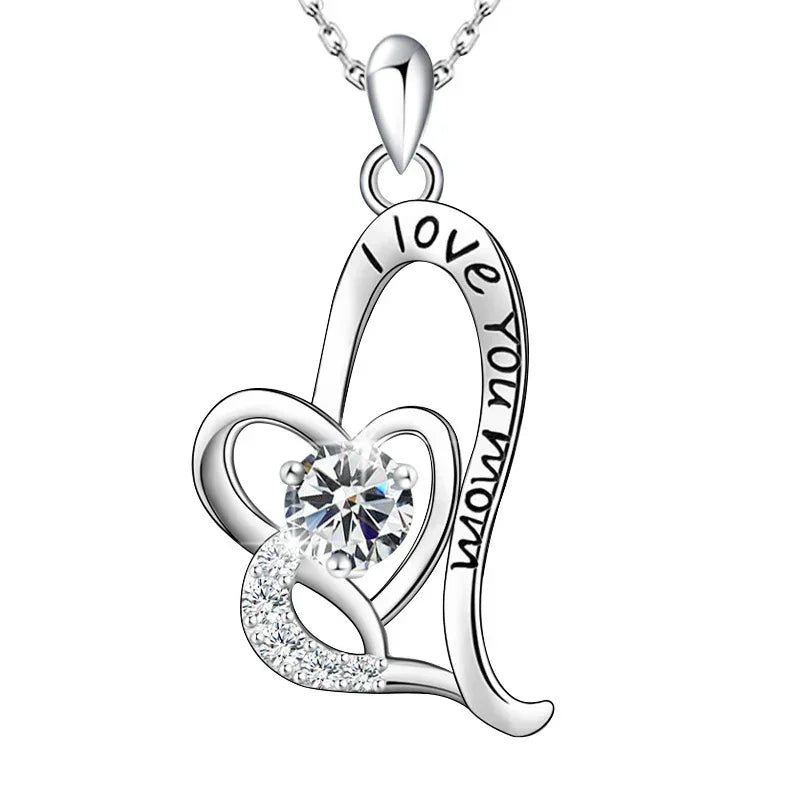 Silver Infinite Love Mom Birthstone Necklace with double-heart design, engraved “I love you mom” and featuring a sparkling birthstone pendant.