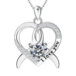 A silver double-heart necklace engraved with “I love you,” featuring a sparkling round birthstone at the center, symbolizing two hearts intertwined in love.