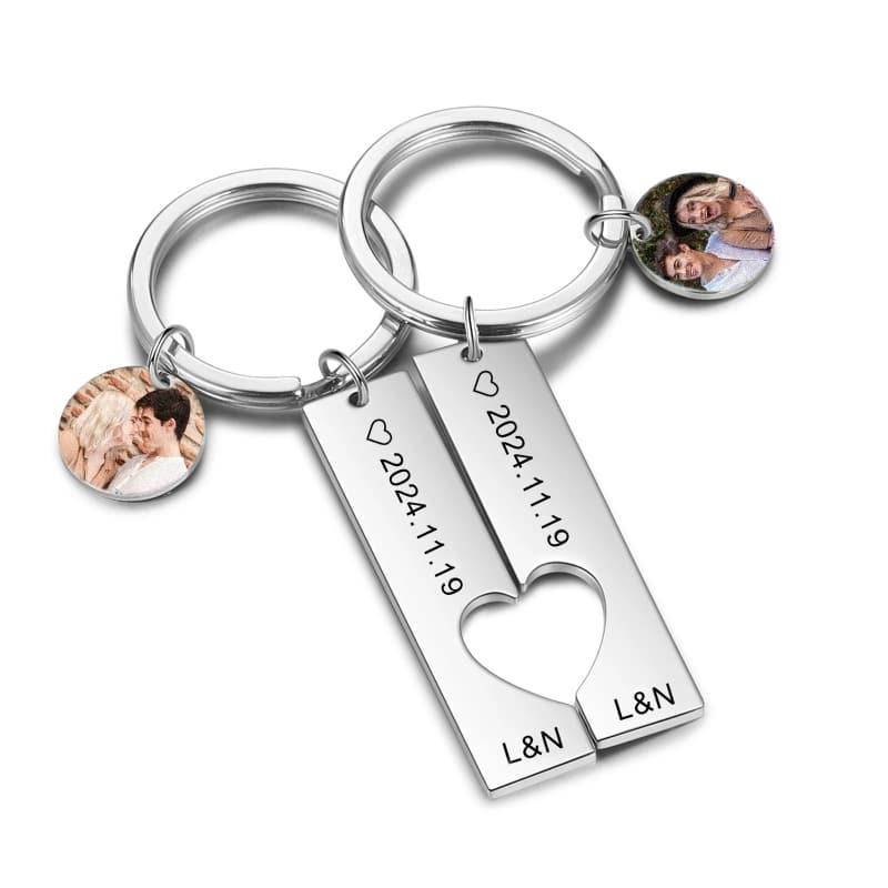 Keychain with heart-shaped tag and photo charms on a white background