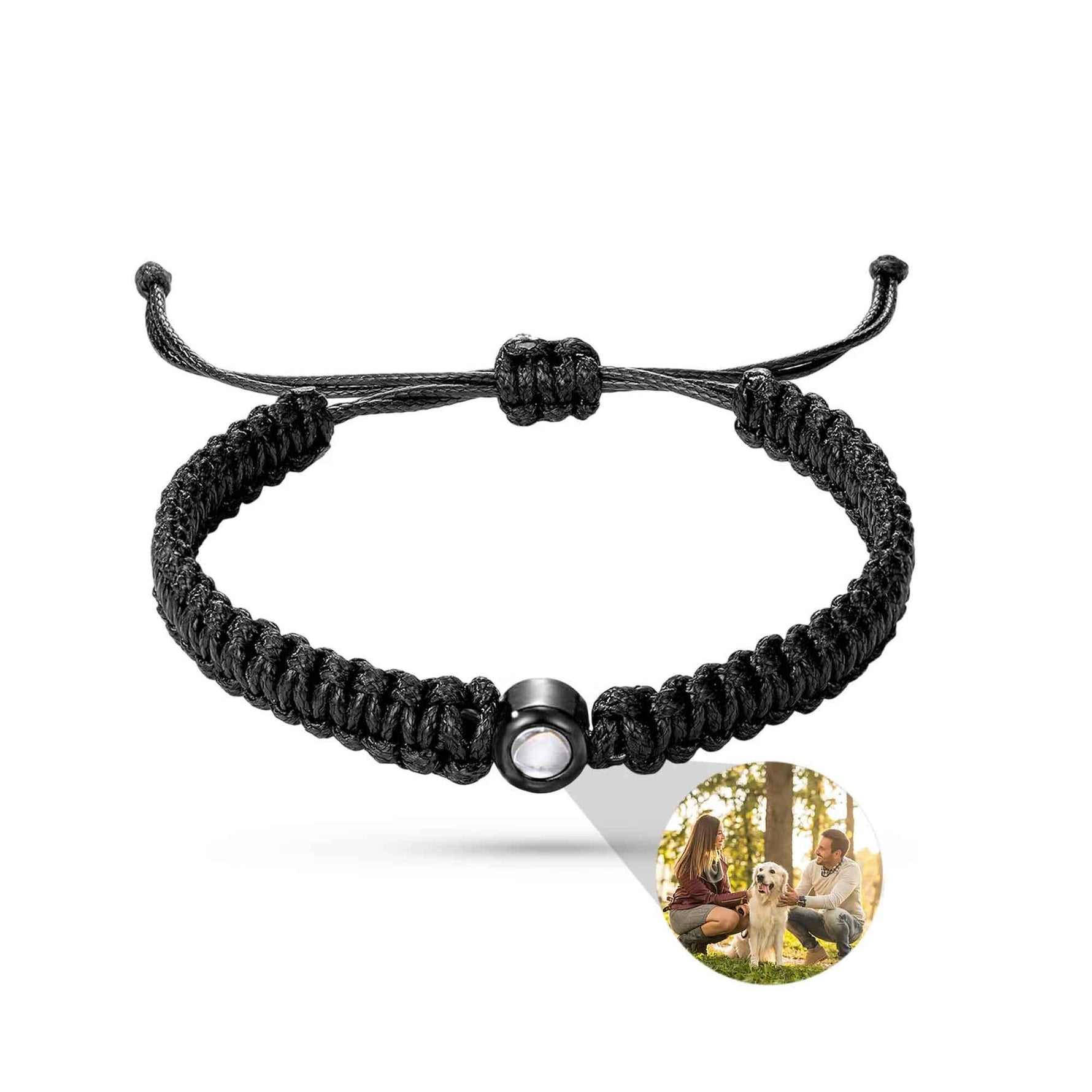 Black braided bracelet with a photo charm of a couple and dog on a white background