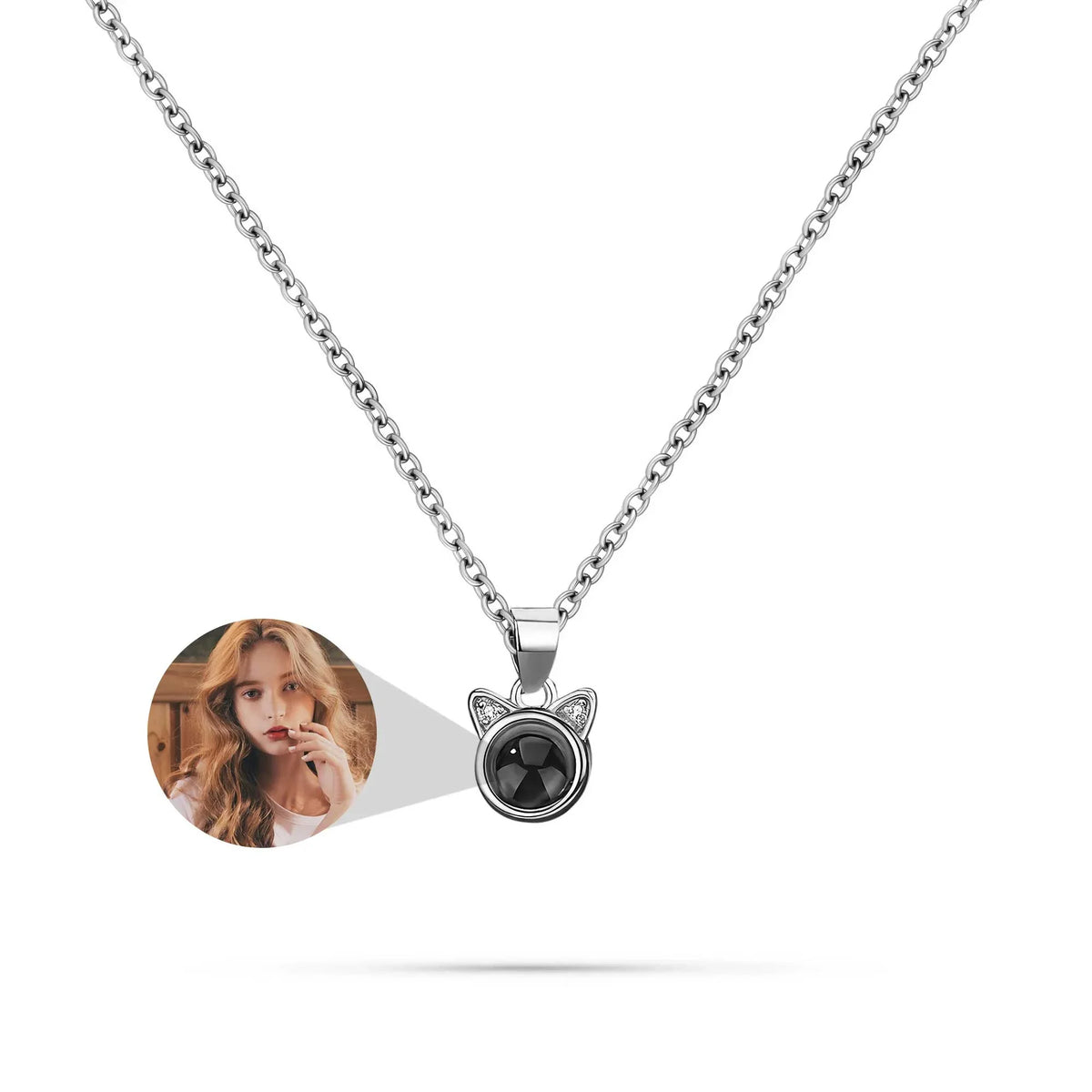 Necklace with a round pendant featuring a photo of a woman on a white background