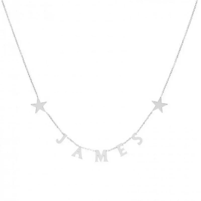 A minimalist silver name necklace featuring two small star pendants and letter charms spelling “JAMES” in the center. The design is simple and stylish, making it perfect for everyday wear or as a personalized gift.